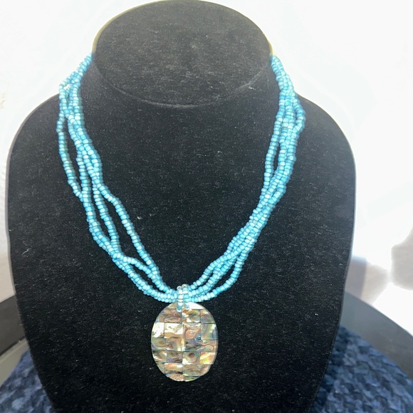 Jewelry - Aqua Blue Beaded Necklace with Abalone Pendant